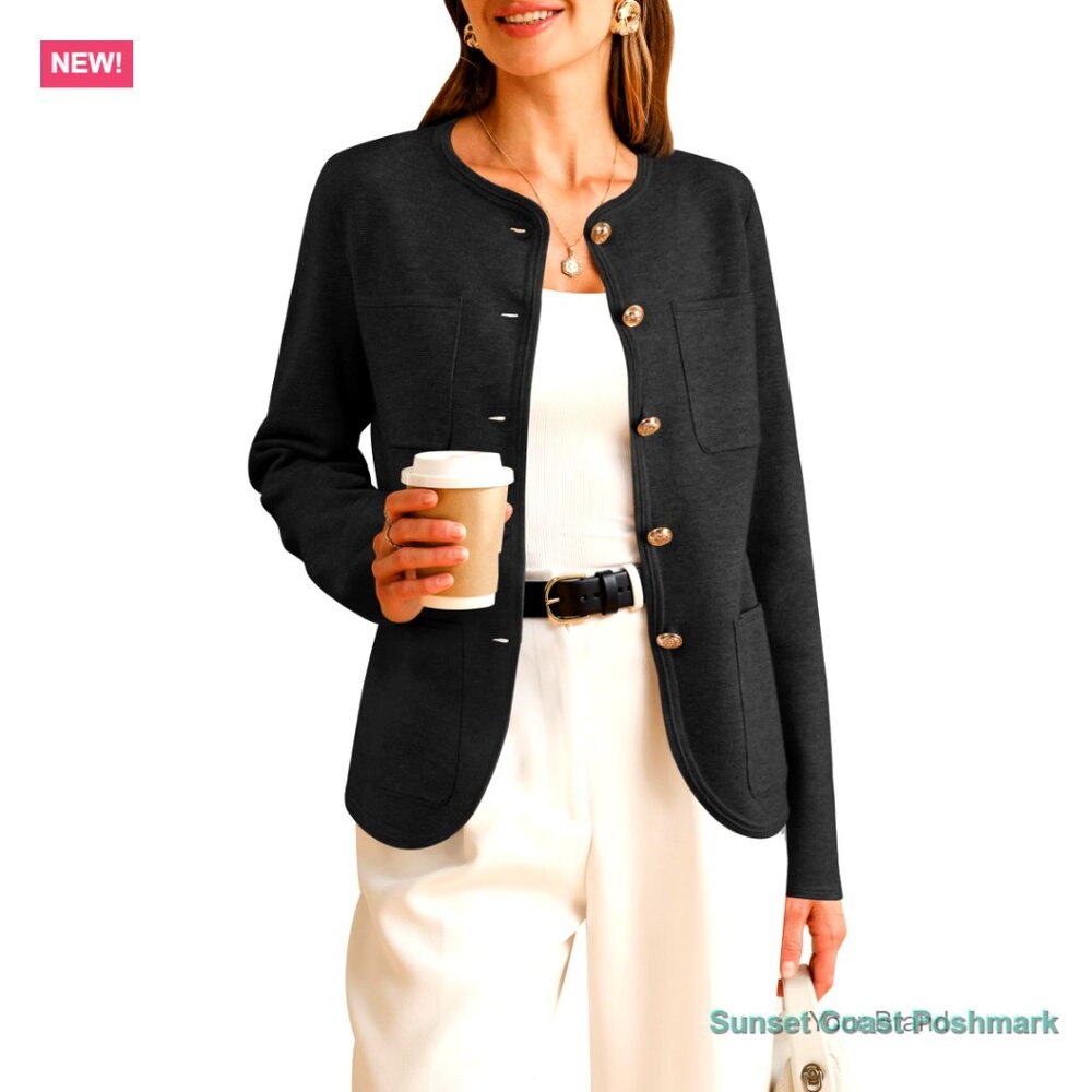 Wool Blend Blazer with Pockets Business Casual Jacket